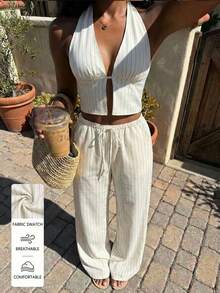 Flirla Women's Casual Backless Deep V-Neck Halter Top And Low Waist Tie-Waist Straight Leg Pants 2-Piece Set Women Vacation Outfit Sets Women's Summer Outfits Women Spring Outfit Rowme Summeroutfit Women 2 Pieces Outfit Casual - Apricot - View 1