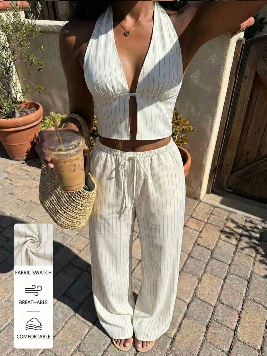 Flirla Women's Casual Backless Deep V-Neck Halter Top And Low Waist Tie-Waist Straight Leg Pants 2-Piece Set Women Vacation Outfit Sets Women's Summer Outfits Women Spring Outfit Rowme Summeroutfit Women 2 Pieces Outfit Casual - Apricot - View 1