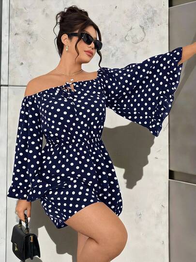 Easura Bộ jumpsuit cỡ lớn dành cho nữ với tay áo loe rộng, viền bèo nhún trễ vai, thắt eo, vải in chấm bi, nhẹ nhàng và thoải mái, thanh lịch và lãng mạn, thích hợp cho kỳ nghỉ, đi biển, mặc thường ngày, dự tiệc, tiệc trà chiều.