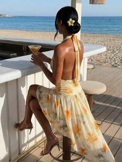 Glamine 女士印花弹力网纱连衣裙，性感V领露背系带紧身连衣裙，前短后长褶皱裙摆连衣裙，浪漫度假海滩夏季派对俱乐部连衣裙，女士夏季连衣裙，不对称下摆无袖连衣裙，女士裹身连衣裙，黄色连衣裙，度假装，女士度假连衣裙，海滩风连衣裙，女士海滩套装，露背夏季连衣裙，女士海滩套装