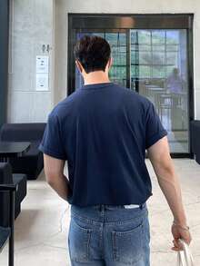 DAZY Navy Blue Letter Print Short Sleeve T-Shirt For Men Summer - Blue - View 2