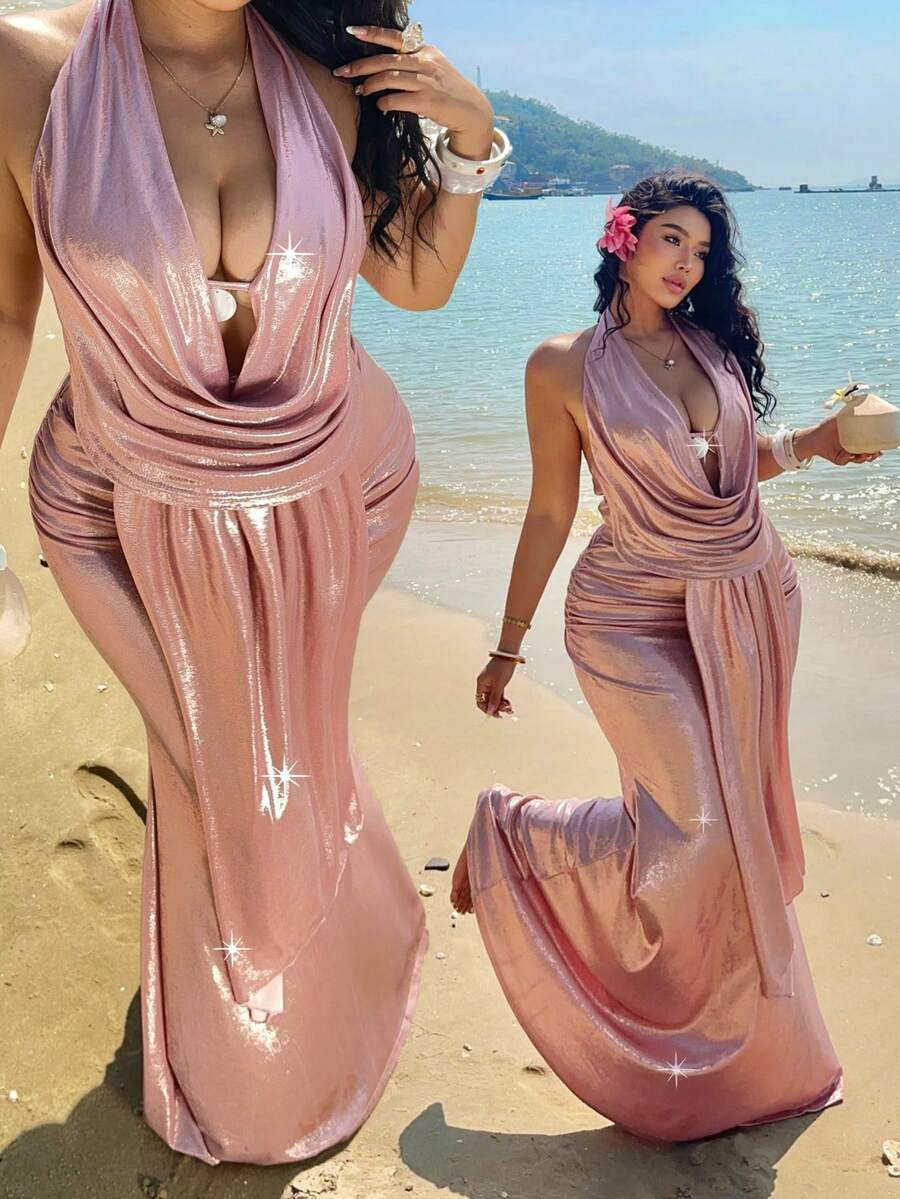 Sunnyshic Strandoutfit für Frauen, rückenfrei, Geburtstagskleider, Urlaub, Ausgehoberteil, Kreuzfahrt Luxus Abendparty Geburtstags Mini-Kleid 2-teiliges Set mit drapiertem Ausschnitt, ausgeschnittenem Rücken, Spaghettiträgern und figurbetonendem Meerjungfrauenrock, Sommer Neues Design Nische Urlaubsstil Sexy Crop Top rückenfrei mit Bindebändern, tiefer Ausschnitt, Europäischer und Amerikanischer Sexy Stil Spaghettiträger ärmelloses lang anliegendes Bodycon-Kleid 2-teiliges Set - Pink - Übersicht 1