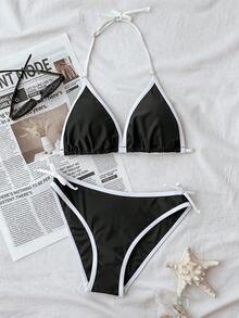 SHEIN 少女纯色简约海军蓝白撞色吊带比基尼套装，休闲沙滩度假装，夏季时尚新品 - 黑與白 - 查看 4