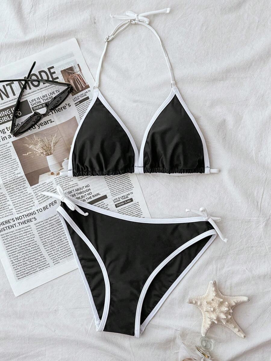SHEIN Teen Girls' Solid Color Minimalist Navy Blue & White Contrast Color Spaghetti Strap Bikini Set, Casual Beach Holiday Outfit, Summer Fashion New Arrival Bathing Suits For Teens Two Piece Swimsuits For Teen Girls 2 Piece Bikini Set For Teens Two Piece Bikini Bikini Set For Girls Two Piece Bathing Suits For Teens Teens Bikini Bikini For Girls - Black and White - View 1