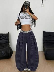 Coolane Women Plus Size Summer Vintage Streetwear Daily Wear Casual Hippie Striped Oversize Striped Graphics Elastic Waistband Mid Rise Banana Pants - Navy Blue - View 3