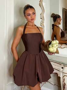 Glamine Charm 棕色露肩无袖泡泡袖迷你连衣裙，春季服装，节日派对嘉年华礼服，街头服饰，女士夜店礼服，约会之夜礼服，女士生日礼服，尽显优雅气质，派对必备，音乐节礼服 - 棕色 - 查看 5