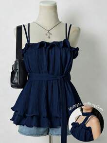 Resyla Camiseta sin mangas de unicolor con volantes en el bajo, con lazo en la cintura, adecuada para usar de vacaciones - Azul Marino - Ver 5