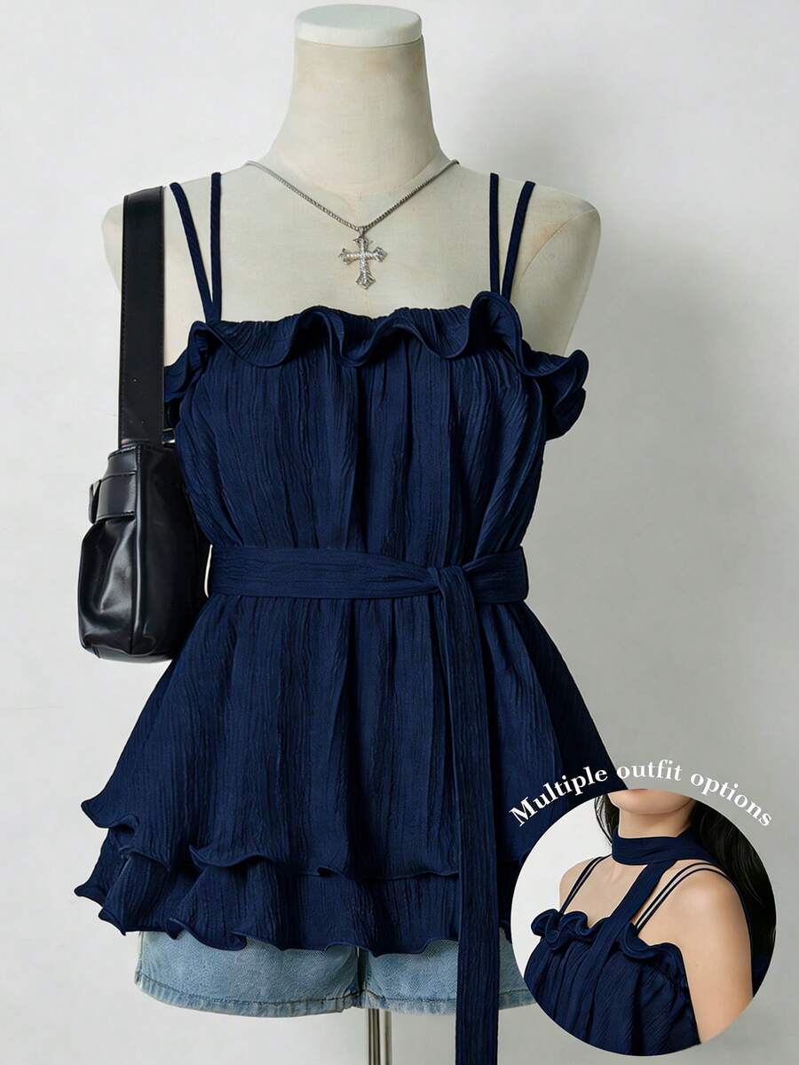 Resyla Summer Sweet Ruffled Hem Solid Color Camisole, Tie Waist, Suitable For Vacation Wear - Navy Blue - View 1