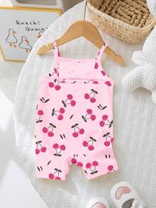 SHEIN Bộ áo liền quần hai dây họa tiết quả anh đào dễ thương cho bé gái, thích hợp cho mùa xuân và mùa hè, những kỳ nghỉ thư giãn, những ngày cuối tuần ở bãi biển, trang phục hè dễ thương, đồ dùng mùa hè cho trẻ em, phong cách Hàn Quốc, thời trang đi biển, đồ dùng cho chuyến đi chơi mùa hè - Nhiều màu - Xem 3