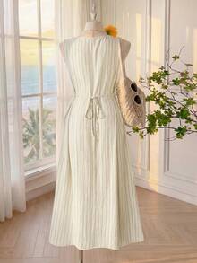 SHEIN EZwear Plus Size Casual Elegant Cottage Core French Holiday Black Stripe Cardigan Sundress For Women, Summer, Classique, Tea Party Vacation, Wedding Guest - Khaki - View 2