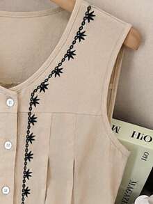 GlowEve Áo sơ mi nữ màu trắng cổ chữ V không tay, thêu hoa kiểu vintage. - Màu Khaki - Xem 5