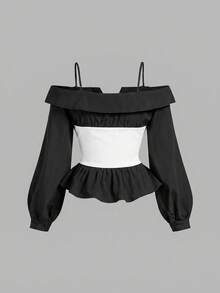 SHEIN MOD Große Größen Elegante Bluse in Schwarz&Weiß für Damen,, Off-Shoulder, minimalistischer Stil, Lässig Alltags-Outfit, Silvester, Streetwear, Bürohemd, Langarm Bluse, Silvester Damen Outfit, elegantes Oberteil, Gothic, Ausgeh-Tops für Damen, Party-Oberteil - Schwarz - Übersicht 2