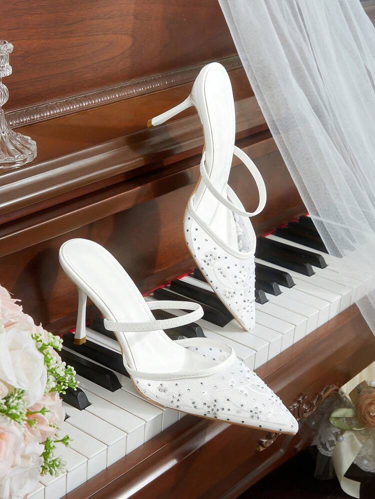 CUCCOO HITCHD Women's Spring/Summer New White Pointed Toe Mesh Rhinestone Embellished One-Strap Versatile Date Night Sexy Stiletto High Heel Sandals