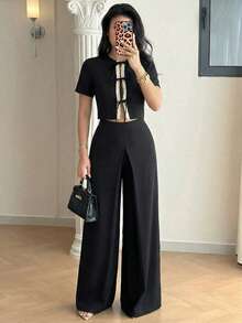 Modelyn 女士通勤优雅滚边夹克和裤子两件套 - 黑色 - 查看 3