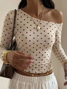 DAZY Women's Polka Dot Print Oblique Shoulder Long Sleeve Fitted T-Shirt Summer - Apricot - View 2