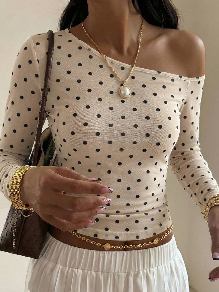 Women's Polka Dot Print Oblique Shoulder Long Sleeve Fitted T-Shirt Summer