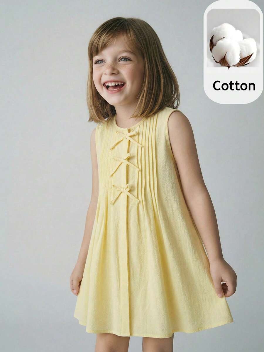 Maija Kids 1件装女童圆领编织蝴蝶装饰休闲编织黄色无袖连衣裙，适合日常穿着、返校、郊游、聚会、节日、派对、春夏季节。 - 黃色 - 查看 1