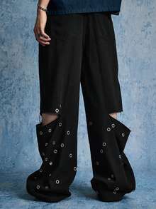 ROMWE MEN Street Life Men's Asymmetrical Waistband Distressed Jeans - Black - View 3
