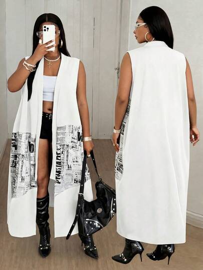 Maweii Áo khoác cardigan dài không tay phối họa tiết báo chí dành cho nữ cỡ lớn, kiểu dáng tối giản, màu đen trắng, thích hợp mặc hàng ngày.