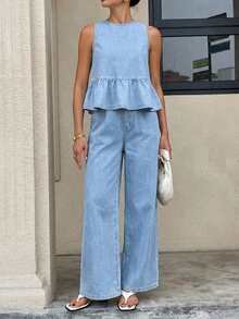SHEIN 2pcs/Set Y2K Summer Boho Teen Girl Sky Blue Denim Loose Camisole Ruffle Hem And Elastic Waist Baggy Wide Leg Pants,Casual Elegant Holiday Beach Outfit - Light Wash - View 5