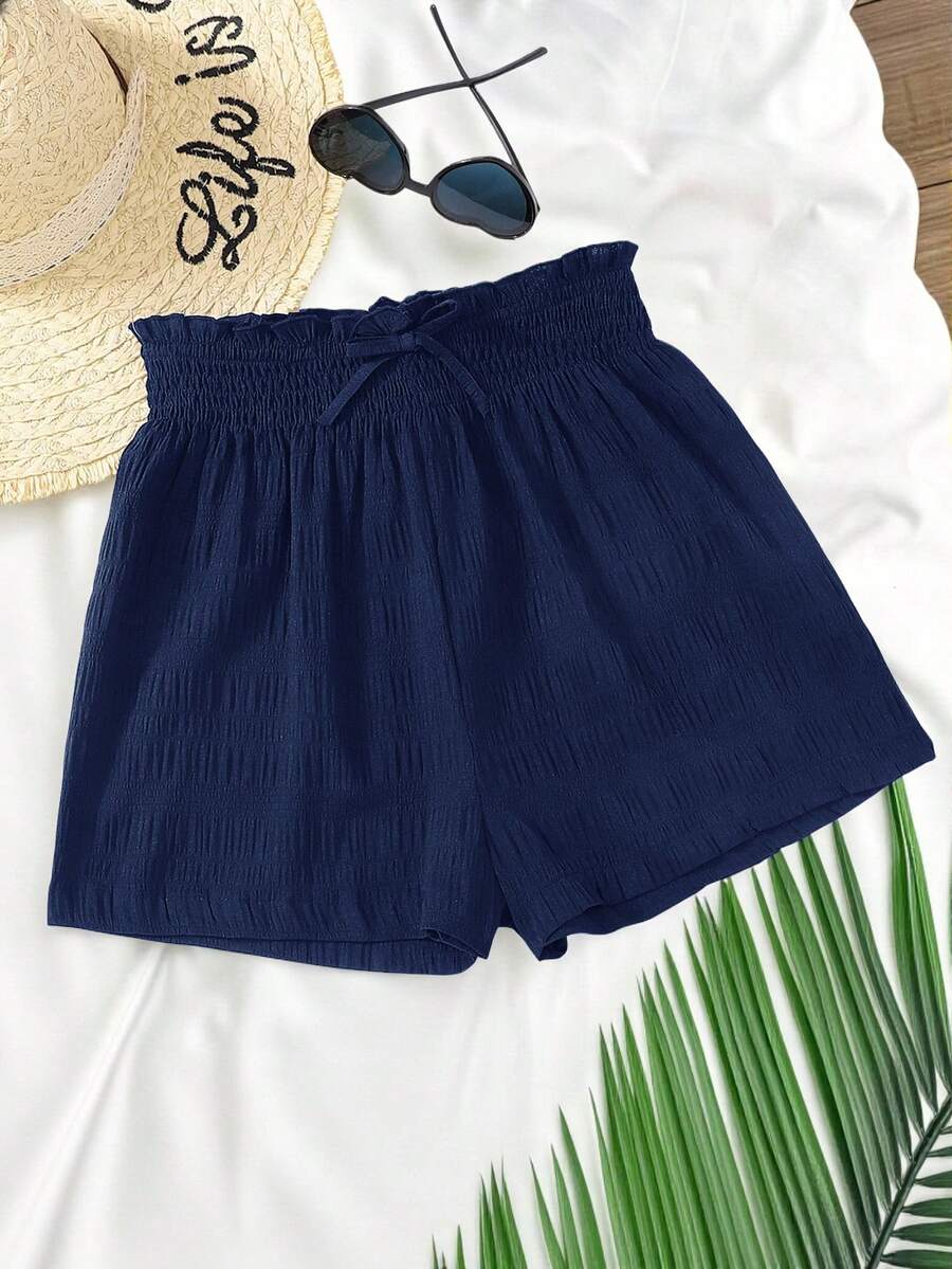 SHEIN Pantalones cortos casuales y sueltos de vacaciones con cintura alta, cordón y textura de jacquard a cuadros para adolescentes - Azul Marino - Ver 1