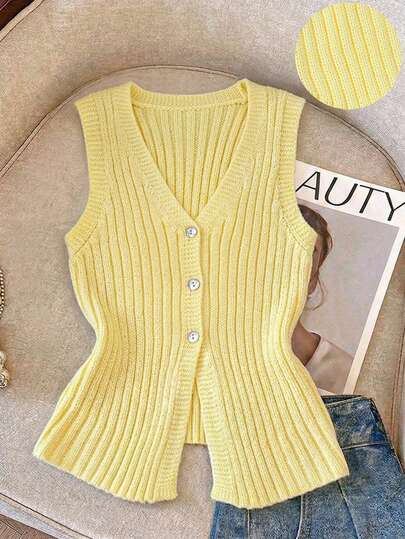 Resyla Women's All-Match Minimalist Fashion Versatile Light Yellow V-Neck Elegant Lady Commuting Slim Fit Vest Sleeveless Cardigan Sleeveless Sweater Yellow Summer Top Yellow Cardigan Women Women S Vest Tops Yellow Knitted Top Womens Tops For Summer Knit Tops For Women Tank Tops For Women Knitted Latest Tops For Women New Arrivals Vest Top For Women Knitted Vest