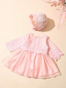 SHEIN 淺粉色夏季女嬰洗禮禮服 新生兒蕾絲公主洋裝附配套帽子 基督洗禮套裝 拍照攝影服裝 重生娃娃裝 - 粉色 - 查看 5