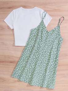 SHEIN Teen Girl Green Ditsy Floral Loose Cami Dress & T-Shirt Trang phục ngày lễ thông thường, 2 cái/bộ - màu xanh lá - Xem 2
