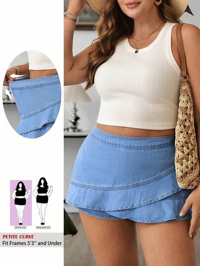 SHEIN PETITE CURVE 大码女式高腰荷叶边休闲牛仔短裙