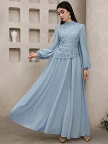 Modelyn 女士网纱串珠刺绣不对称下摆长袖连衣裙 - 淺藍色 - 查看 4