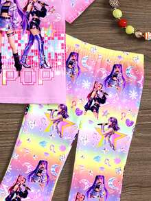 SHEIN 卡通女孩，多巴胺彩色渐变，K-Pop 超级巨星，休闲时尚，少女休闲卡通图案圆领短袖上衣和喇叭裤两件套，适合夏季穿着 - 彩色 - 查看 5