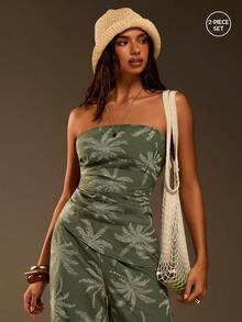 Athîral 女士棕榈树图案褶皱抹胸上衣和裤子时尚两件套 - 綠色 - 查看 3