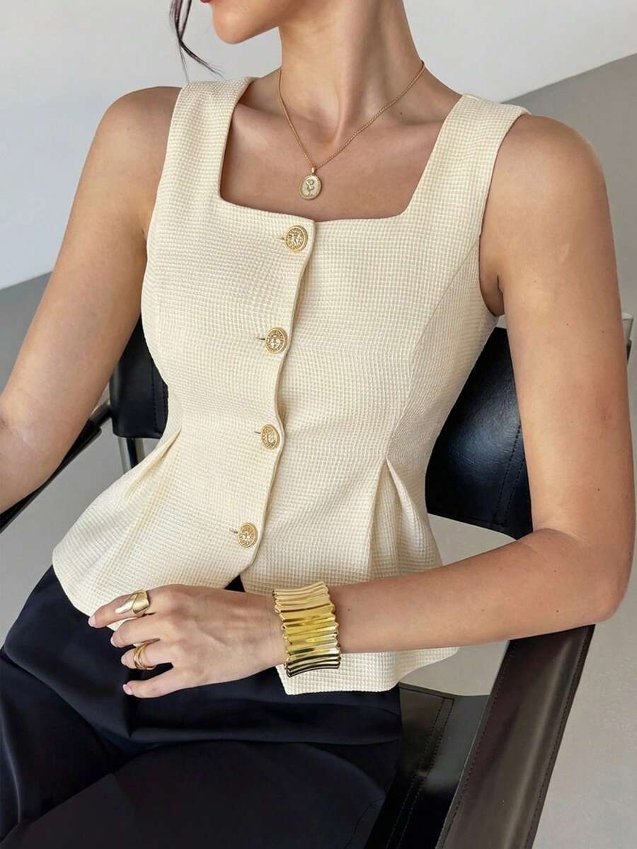 DAZY Chaqueta fina sin mangas de unicolor y textura elegante para mujer, de verano - Beis - Ver 1