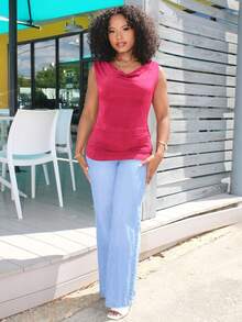 Steph T Fashionable Solid Color Ruffled Neck Shirred Slim Fit Tank Top - Burgundy - View 4