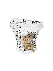 ROMWE Avant Sexy Dark Chinese Calligraphy Tiger & Bamboo Punk Street Oblique Shoulder Graphic Print Women T-Shirt - White - View 1