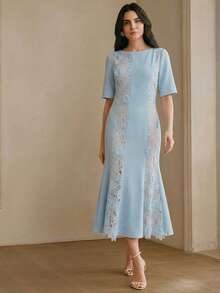 Anewsta French Elegant Solid Color Round Neck Short Sleeve Lace Patchwork Semi-Sheer Waist Cinched Women Dress - Sky Blue - View 7