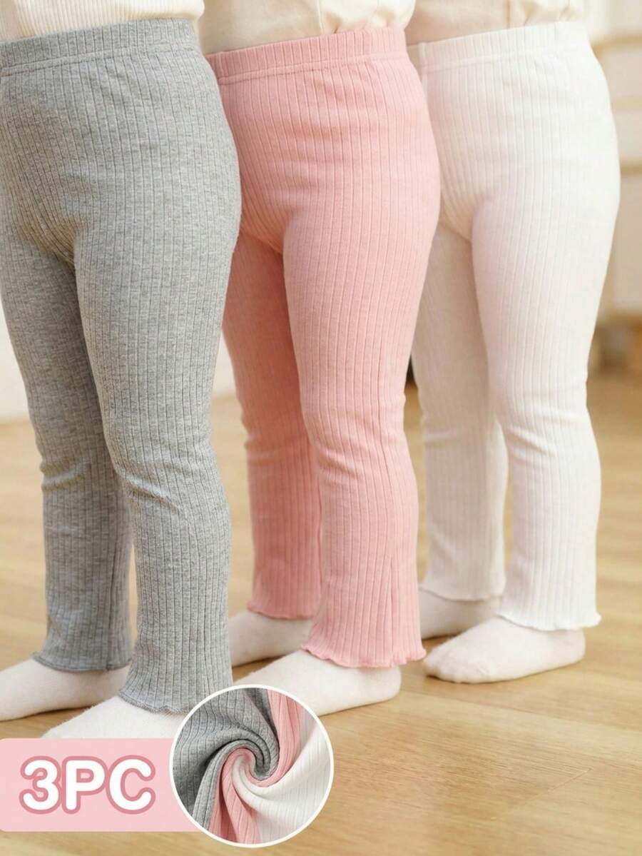 SHEIN Vintaside Kids 3件組女嬰灰色與粉色秋季休閒畢業返校打底褲 6個月-3歲 螺紋波浪下擺彈性腰圍柔軟極簡風 - 彩色 - 查看 1