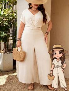 SHEIN Clasi Plus Size Women's Solid Color Button Design V-Neck Short Sleeve Twist Waist Wide Leg Casual Jumpsuit Gym Brown Summer - Apricot - View 1