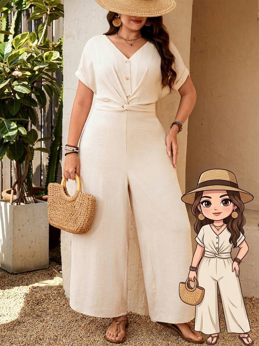 SHEIN Clasi Plus Size Women's Solid Color Button Design V-Neck Short Sleeve Twist Waist Wide Leg Casual Jumpsuit Gym Brown Summer - Apricot - View 1