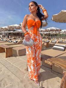 Lureya Bộ đồ nữ gồm áo quây và quần ống rộng cạp cao in họa tiết cây nhiệt đới màu cam, thích hợp mặc đi biển, nghỉ mát hoặc mặc hàng ngày. - Nhiều màu - Xem 3