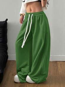 SHEIN Tall CURVE 加大码女式街头风外出休闲装束，加大码弹力腰带舒适灰色弯刀裤 - 綠色 - 查看 4