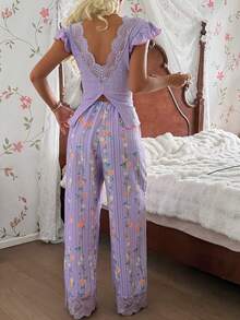 Bộ đồ ngủ CottageSlumber cổ chữ V tay ngắn sau lưng + quần dài họa tiết hoa nhí jacquard - Nhiều màu - Xem 5