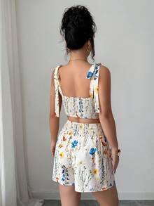 Selianne 女士优雅印花两件套，适合夏季度假 - 杏色 - 查看 2