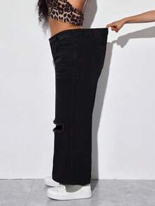 SHEIN PETITE CURVE 大码女装夏季黑色牛仔裤返校季可爱2000年代风格卡哇伊Y2K机场穿搭女装低调老钱图卢姆颓废韩版水洗阔腿棕色牛仔裤宽松牛仔裤阔腿牛仔裤 - 黑色 - 查看 4