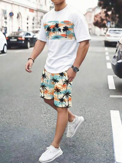 SHEIN 两件套男童条纹 Polo 领短袖开衫和纯色弹力腰短裤套装