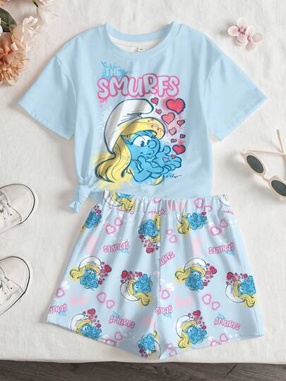 SHEIN X The Smurfs Young Girl Summer Casual Letter & Cartoon Print Round Neck Short Sleeve T-Shirt And Shorts Set