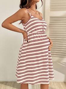 SHEIN 孕妇条纹连衣裙，兼具哺乳功能，适合聚会和外出休闲穿着 - 杏色 - 查看 7