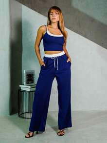 Hariany Almeida Women's  Spring/Summer Casual Sport Knit Two Fake Pieces  Tank Tops & Sweatpants  Going Out Sets,2pcs,Back To School Clothes - Navy Blue - View 1