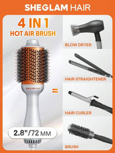 SHEGLAM HAIR Blowout Bliss Volumizing Hot Air Brush,Hair Dryer Brush,Blow Dryer Brush,4 In 1 Hair Dryer And Styler Volumizer For Drying Straightening Curling Volumizing Hair,GLOSS PRO™ Coating,Built-In Care For Shiny Hair,Motor Speed 33000RPM,Quick Blow Dry,3 Adjustable Temp Settings,No Tugs,No Tangles & No Snags Curling Brush,Thermal Straightening Brush,Thermal Blowout Brush,Electric Brush For Style All Lengths & Textures - EU Plug Birthday Gift Holiday Pink Vibe Makeup Travel School Festivals Rose Present Girl Charm Hair Care Mother's Day Fancy Fashion Rave Party