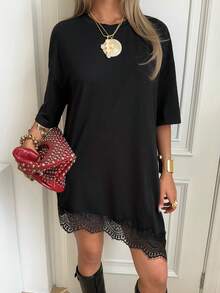 SHEIN EZwear Đầm nữ dệt kim màu đen trơn cổ tròn phối ren, đầm mùa hè mặc thường ngày cho nữ - màu đen - Xem 6